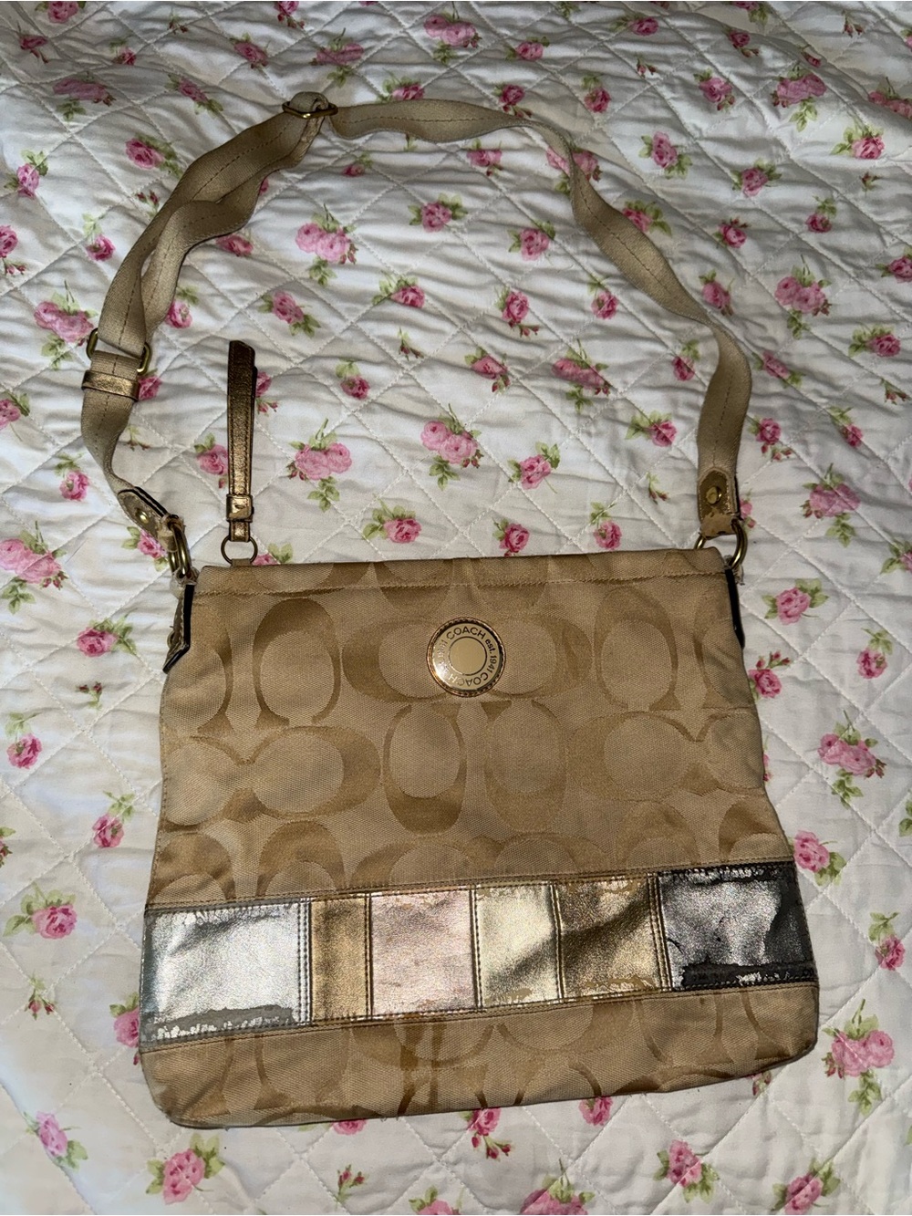 Coach Beige Signature Crossbody with metallic patchwork :3